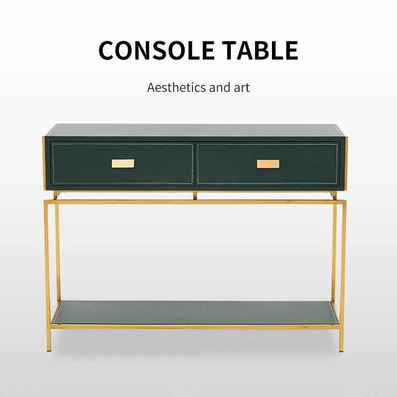 Light Luxury Gold Console Table Modern Living Room Decorative Table Stainless Steel Leather Art Cabinet Dresser with Drawers — image 3