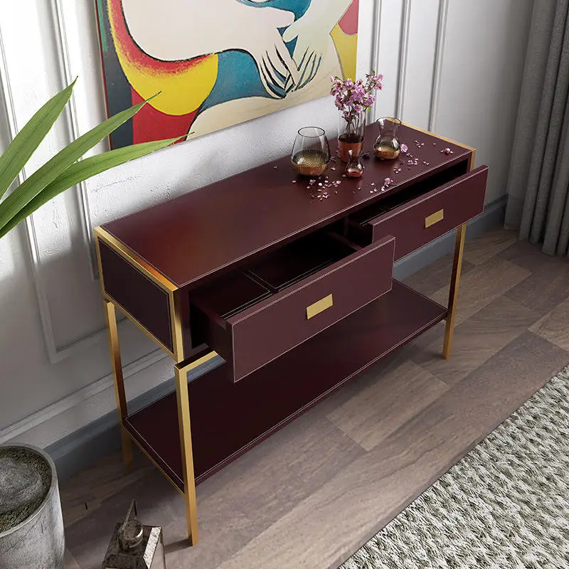 Light Luxury Gold Console Table Modern Living Room Decorative Table Stainless Steel Leather Art Cabinet Dresser with Drawers — image 4