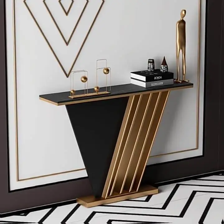 Modern Minimalist Living Room Decoration Shelf Against the Wall Entrance Corridor Light Luxury Rock Slab Gold Console Ta — view 1