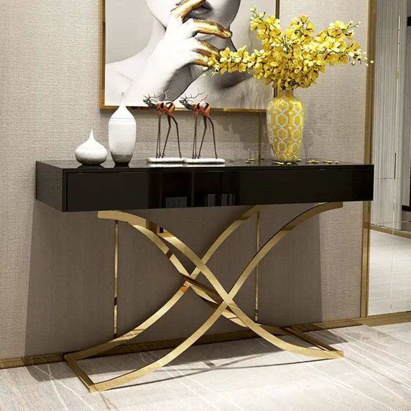 Light Luxury Porch Table Black Paint Decoration Cabinet Hallway Cabinet with Drawers Gold Console Table Display Table — image 5