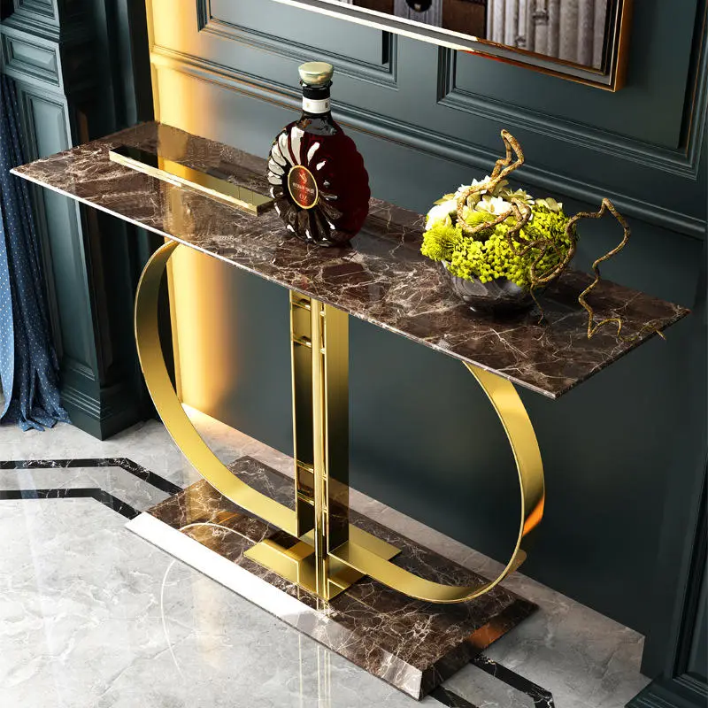 Italian Style Light Luxury Porch Table Stainless Steel Rock Slab Porch Table Modern Minimalist Home Design Gold Console — view 1