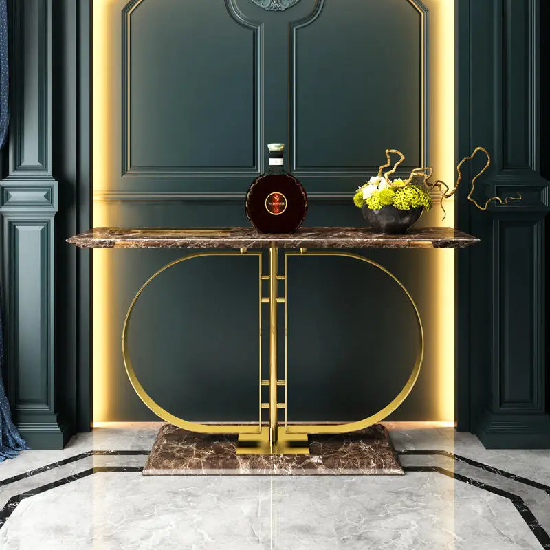 Italian Style Light Luxury Porch Table Stainless Steel Rock Slab Porch Table Modern Minimalist Home Design Gold Console Table — image 3