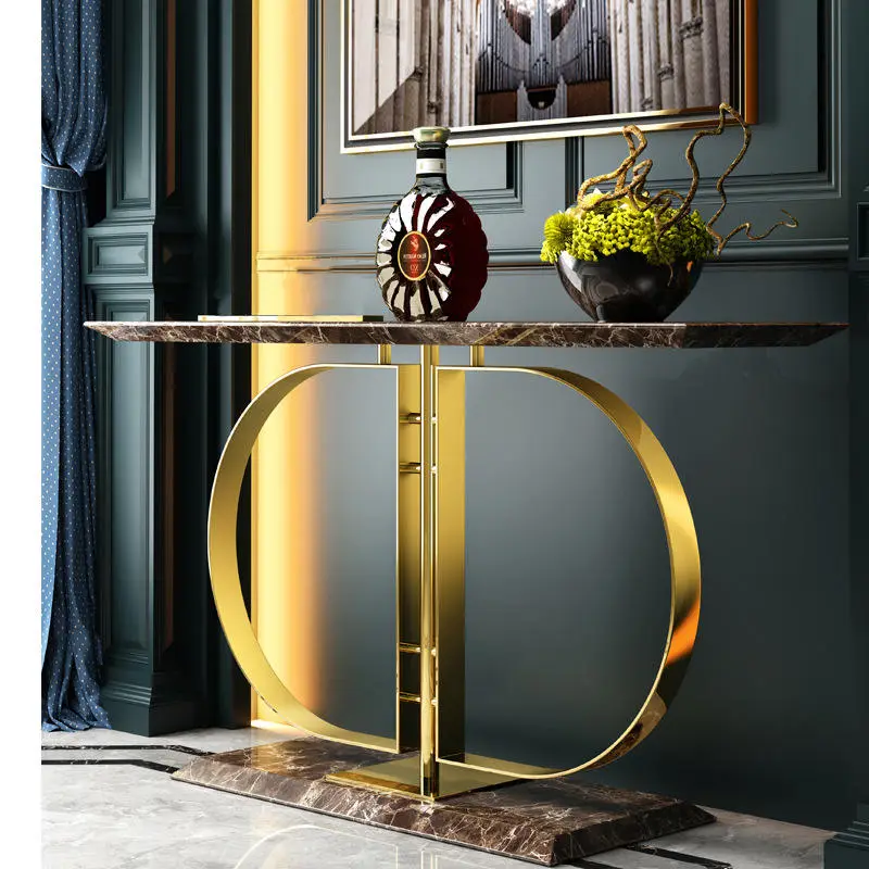 Italian Style Light Luxury Porch Table Stainless Steel Rock Slab Porch Table Modern Minimalist Home Design Gold Console Table — image 5