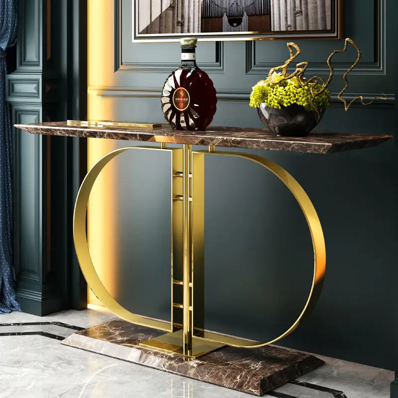 Italian Style Light Luxury Porch Table Stainless Steel Rock Slab Porch Table Modern Minimalist Home Design Gold Console Table — image 6