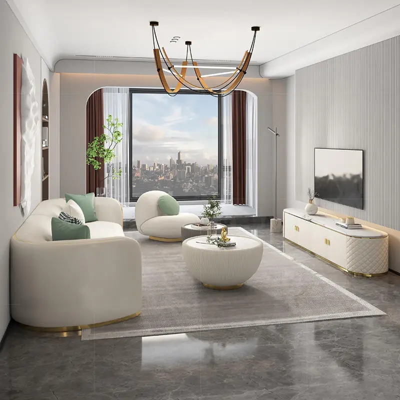 Modern Nordic Luxury Living Room Long Lounge Chesterfield Leather Sofa Set Furniture — image 2