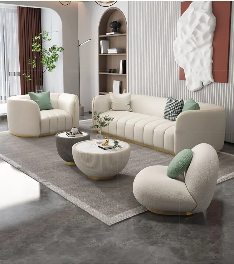 Modern Nordic Luxury Living Room Long Lounge Chesterfield Leather Sofa Set Furniture — image 3
