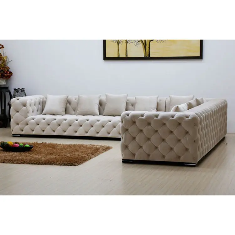 Hot Selling Tufted Unique L Shape Cheap Living Room Sofa Set Fabric Leather Velvet Couch — image 2