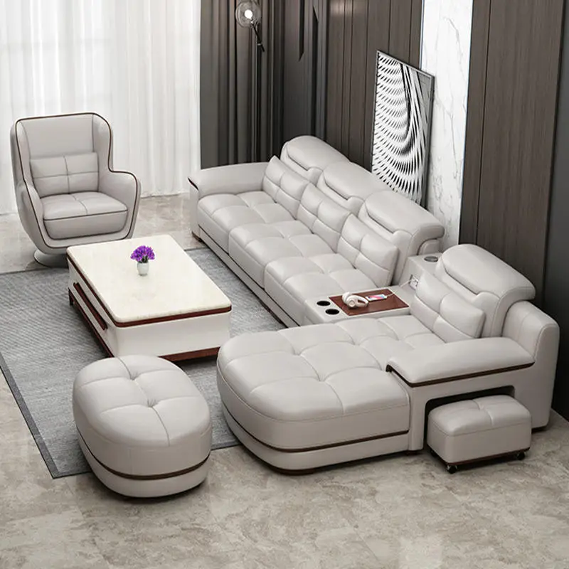 Nordic Luxury Leather Beige Swivel Sectional Curved Couch Living Room Sofas — view 1