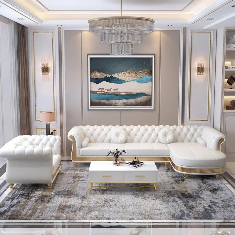 Modern Luxury Upholstered Wooden + Leather Sofa Tufted Modular Sectional Set for Hotel Apartment Living Room Furniture — view 1