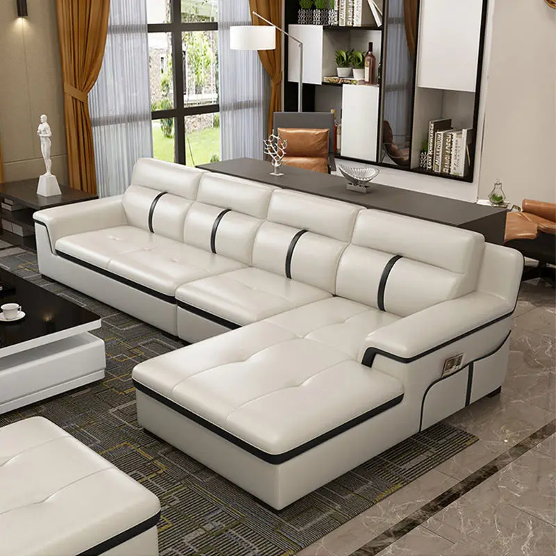 Modern L Shape Sectional Tufted Leather Couch Living Room Sofas — image 2