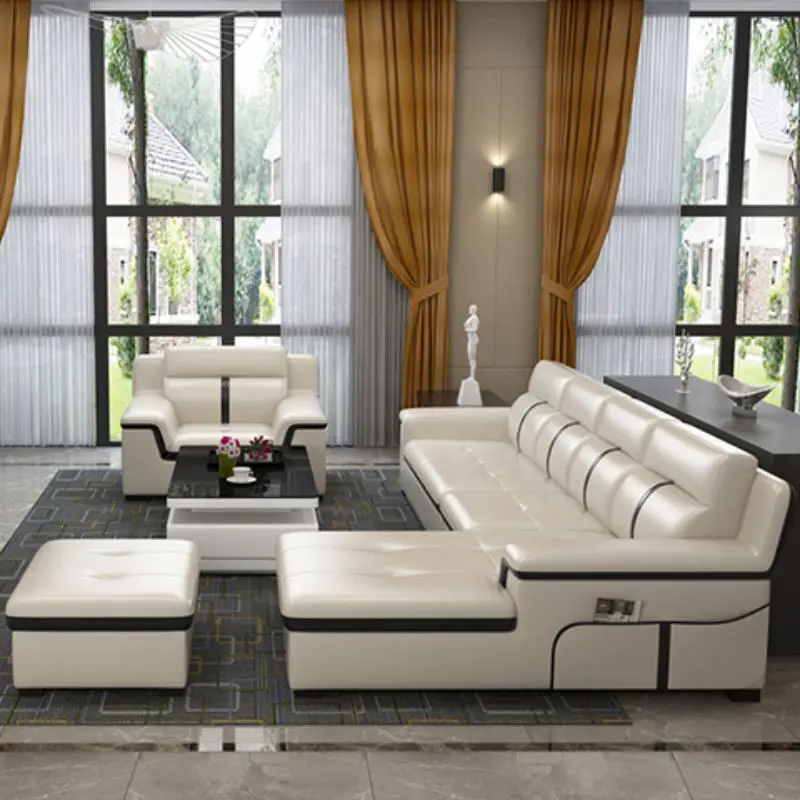 Modern L Shape Sectional Tufted Leather Couch Living Room Sofas — image 4