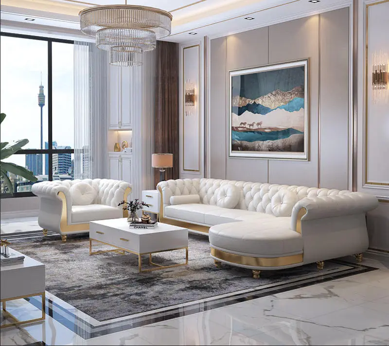 Modern Luxury Upholstered Wooden + Leather Sofa Tufted Modular Sectional Set for Hotel Apartment Living Room Furniture — image 2