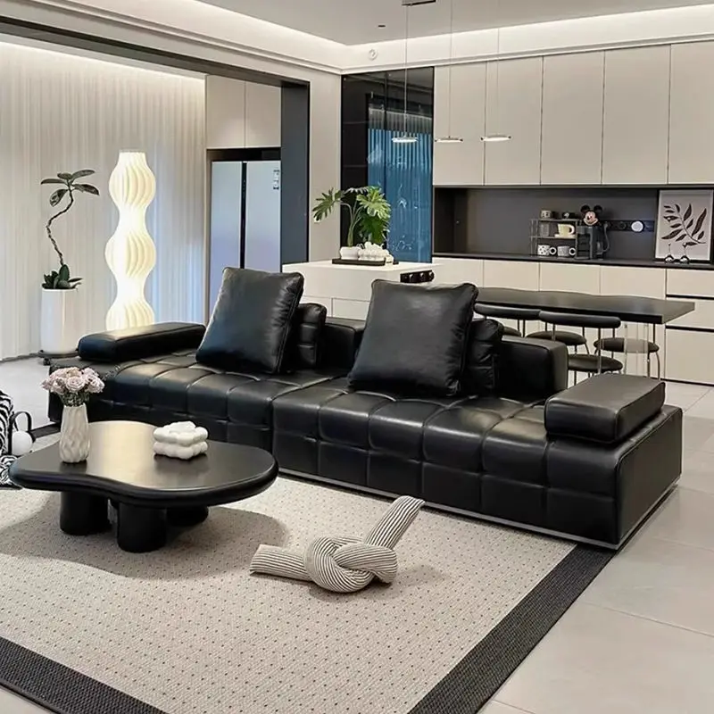 Italian Luxury Style Minimalist Genuine Real Leather Sectional Sofa Set for Hotel Living Room Rectangle Straight Row Cou — view 1