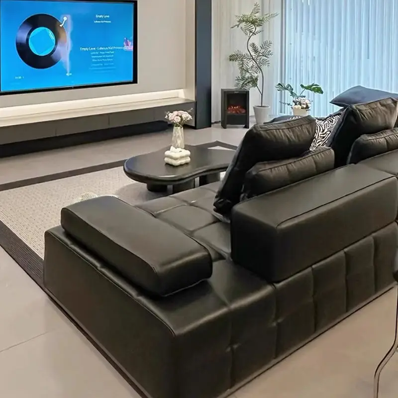 Italian Luxury Style Minimalist Genuine Real Leather Sectional Sofa Set for Hotel Living Room Rectangle Straight Row Cou — view 2