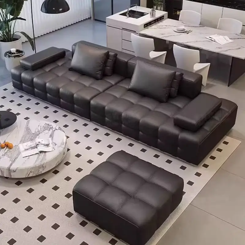 Italian Luxury Style Minimalist Genuine Real Leather Sectional Sofa Set for Hotel Living Room Rectangle Straight Row Cou — view 4