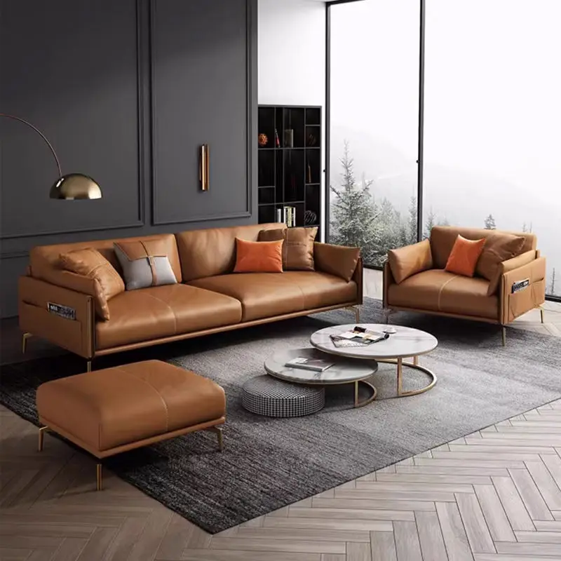 Modern Nordic Design European Luxury Leather Sofa Set Genuine Leather Rectangle Shape for Home Living Room Furniture — view 1