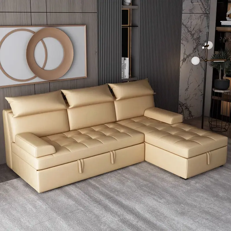High Quality L-Shape Leather Storage Corner Sofa Bed Foldable and Extendable for Home Living Room Cube Bed — view 1