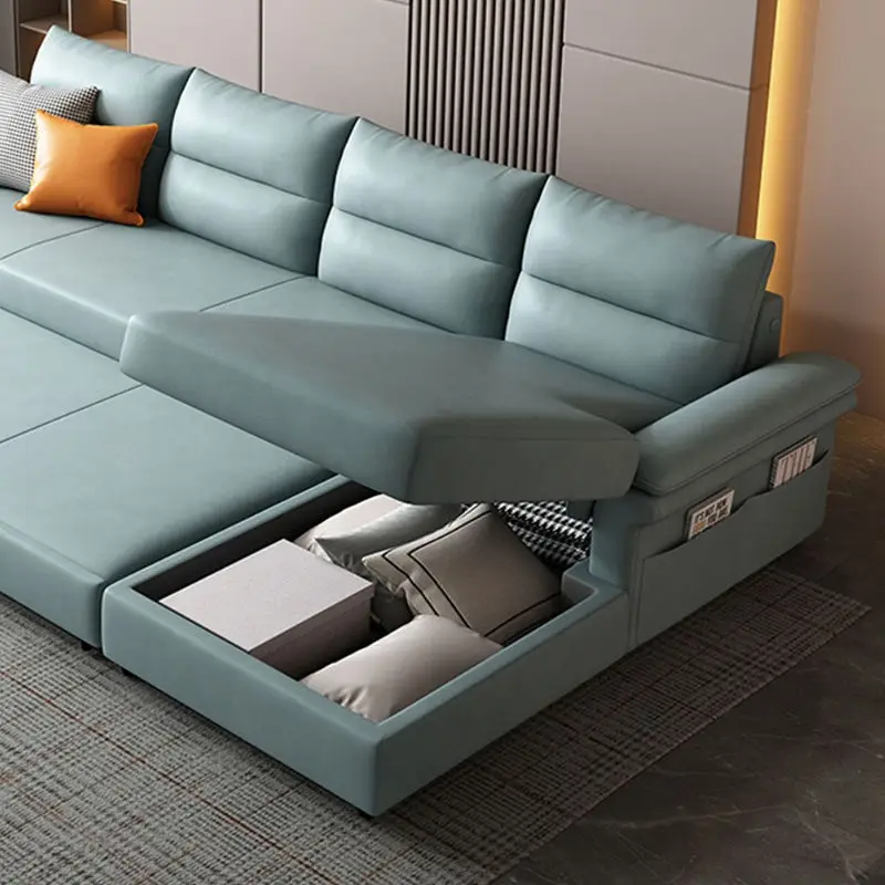 Italian Leather Hotel Living Room Modern Extendable Cum Sofa Bed L Shape Sleeper Sofabed — view 4