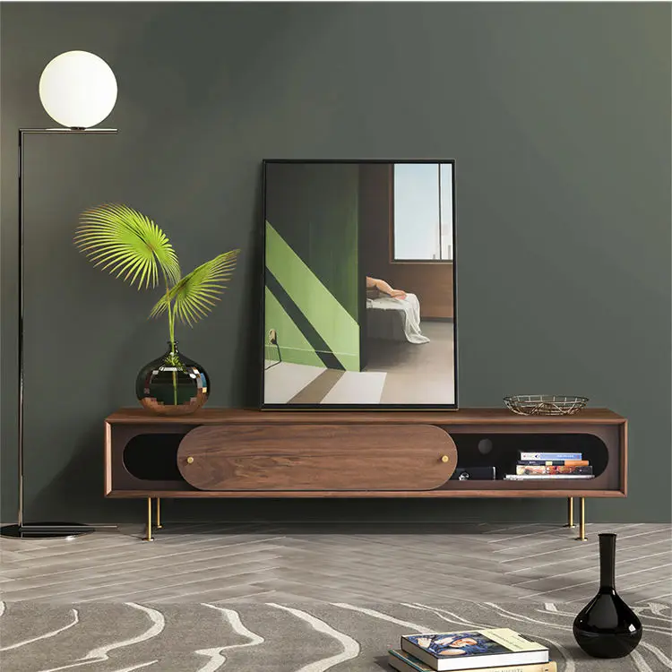 China Manufacturer Sliding Wood Door Gold Feet Tv Stand Cabinet Modern — image 2