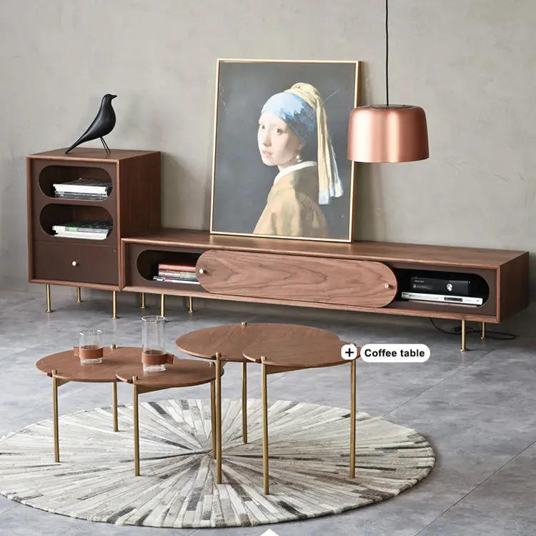 China Manufacturer Sliding Wood Door Gold Feet Tv Stand Cabinet Modern — image 4