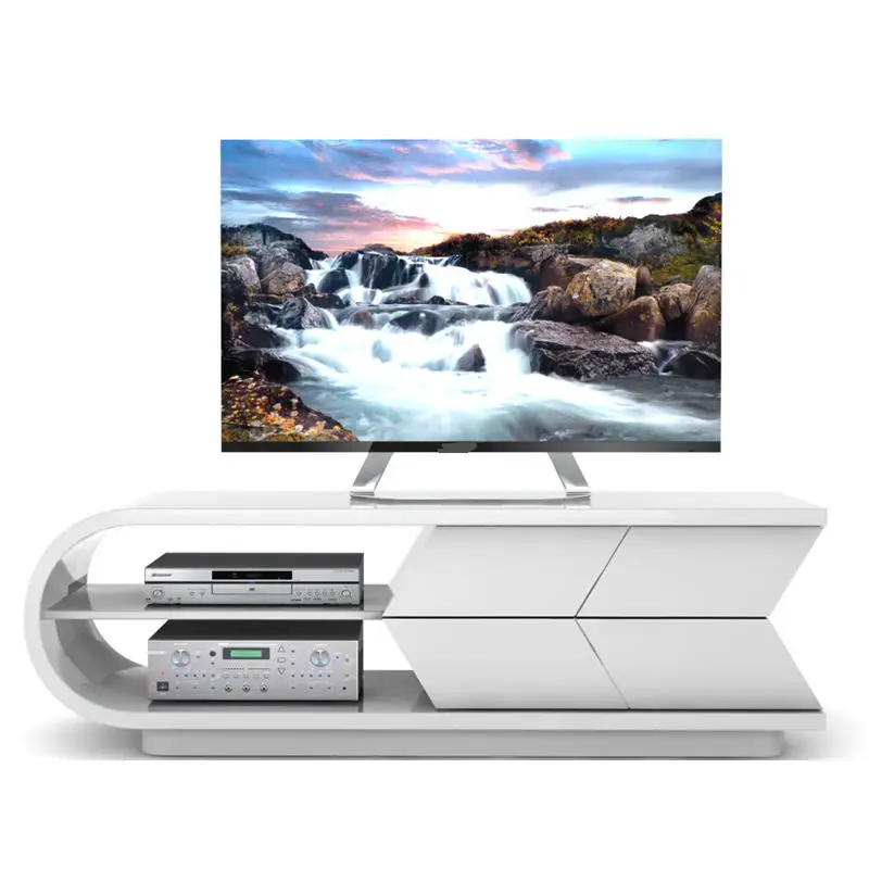 Custom Modern High Gloss White Wooden TV Stand Unique Curved Design Home Furniture TV Cabinet — view 2