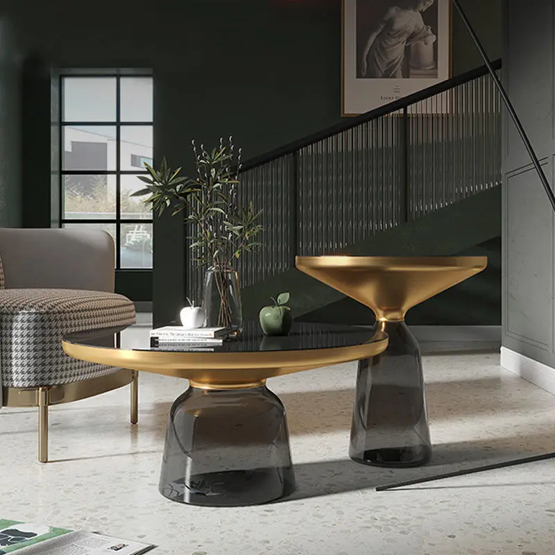 Modern Nordic Luxury Living Room Furniture Gold Round Glass Side Coffee Tables — image 2