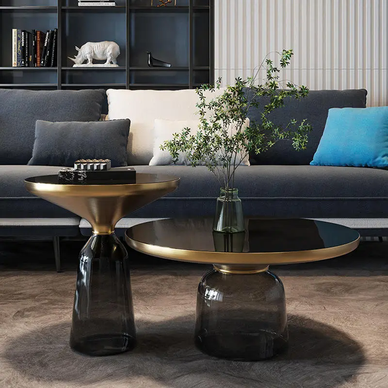 Modern Nordic Luxury Living Room Furniture Gold Round Glass Side Coffee Tables — image 3