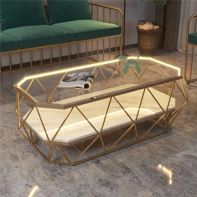 Italian Nordic Modern Luxury Living Room Furniture Stone Rectangle Led Tea Table Gold Glass Top Marble Coffee Tables — image 2