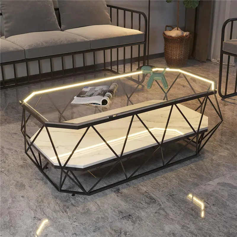 Italian Nordic Modern Luxury Living Room Furniture Stone Rectangle Led Tea Table Gold Glass Top Marble Coffee Tables — image 3