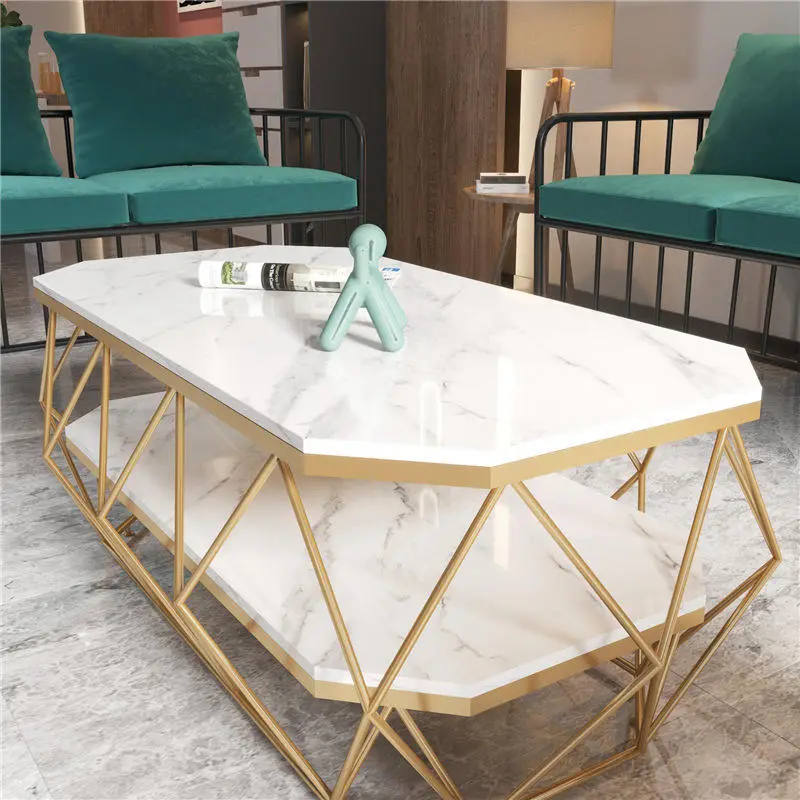Italian Nordic Modern Luxury Living Room Furniture Stone Rectangle Led Tea Table Gold Glass Top Marble Coffee Tables — image 5
