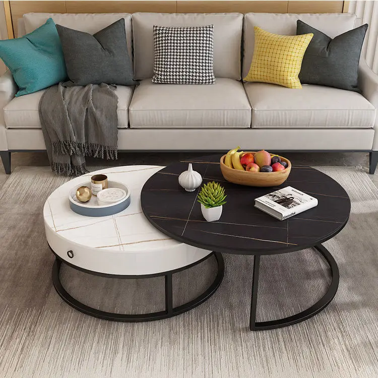 Simple Round White Black Marble Tea Coffee Table Set — view 1