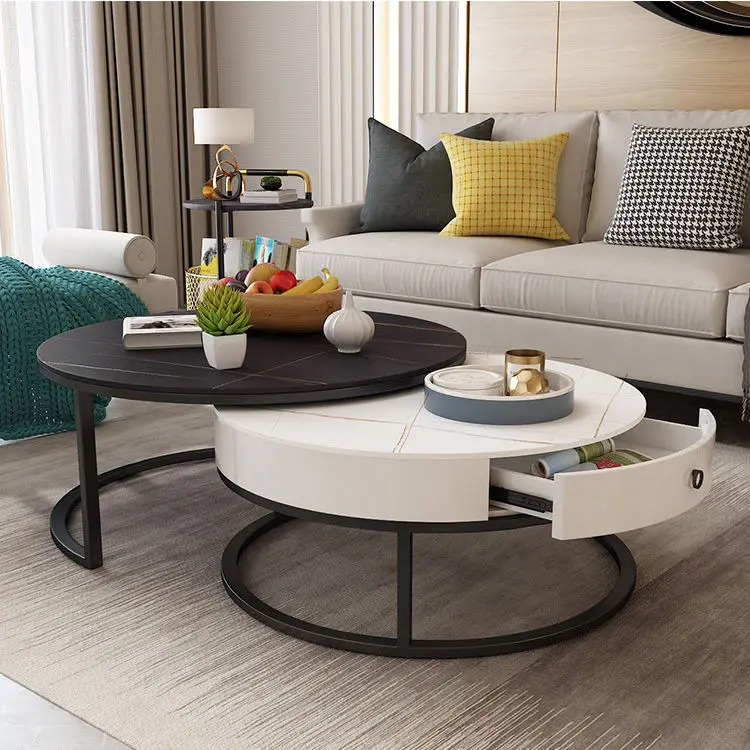 Simple Round White Black Marble Tea Coffee Table Set — image 2
