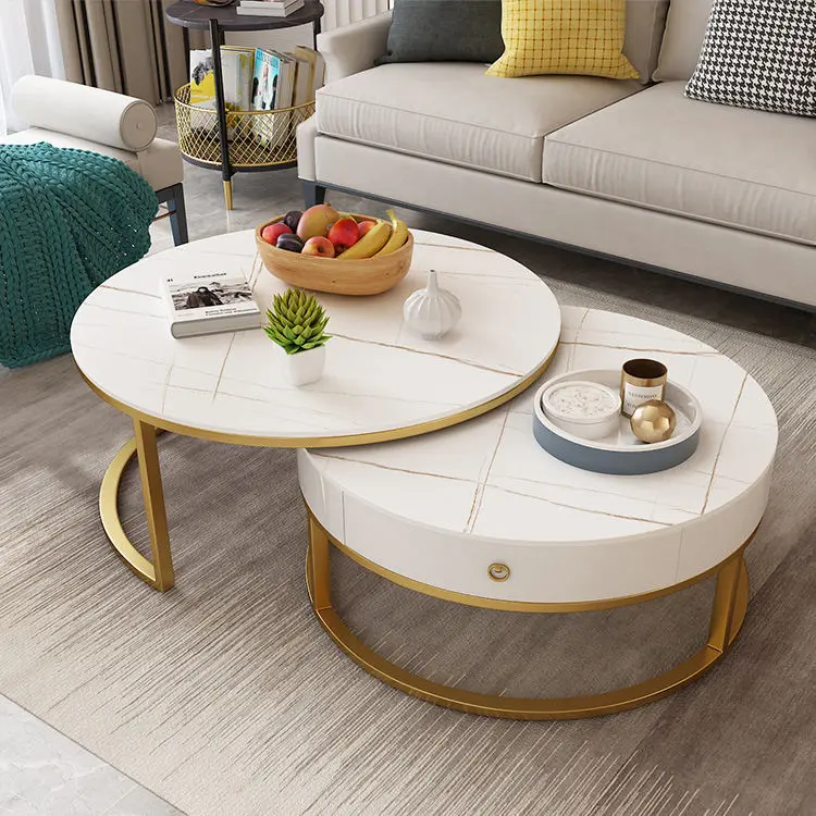 Simple Round White Black Marble Tea Coffee Table Set — image 3