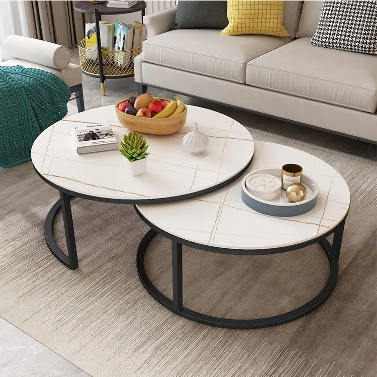 Simple Round White Black Marble Tea Coffee Table Set — image 4