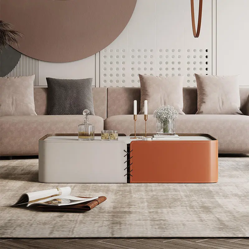 Living Room Furniture Modern Wooden Leather Marble Tea Coffee Table — view 2