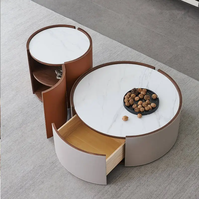 Nordic Marble Modern Coffee Table Set Living Room Furniture Leather Round Coffee Table Set — image 2