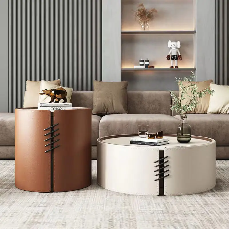 Nordic Marble Modern Coffee Table Set Living Room Furniture Leather Round Coffee Table Set — image 5