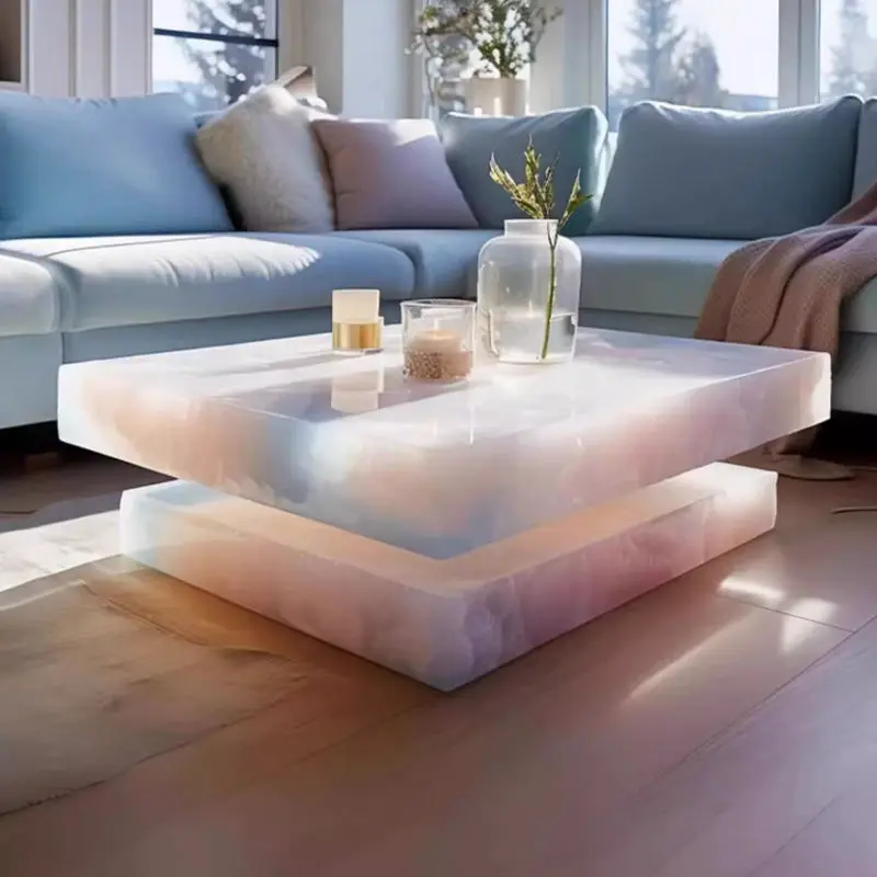 Modern Luxury High-End Natural Stone Coffee Table Unique Lighting Contemporary Style Marble Home Furniture for Living Ro — view 3