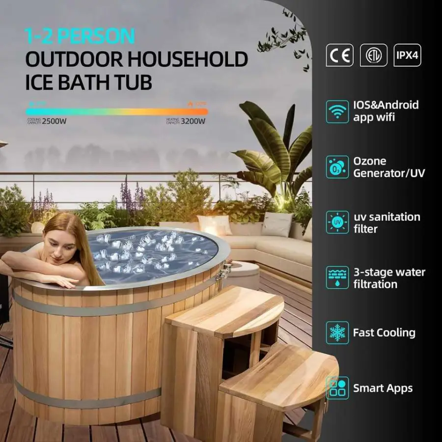 Wholesale Red Cedar Ice Barrel Tub Outdoor Cold Plunge Wooden Ice Bath With Stainless Steel for Villa Backyard Gym — image 3