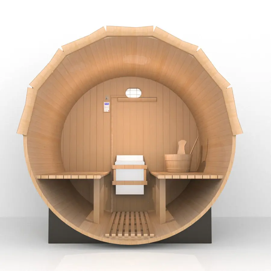 Large Size 6 Person Hemlock Red Cedar Wood Outdoor Barrel Sauna with Wood Fired Stove — image 6