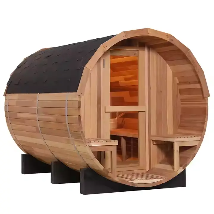 Large Size 6 Person Hemlock Red Cedar Wood Outdoor Barrel Sauna with Wood Fired Stove — image 7