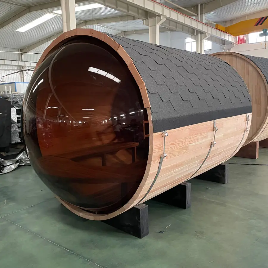 Outdoor Sightseeing Panoramic 6FT Barrel Sauna With Fire Wood Stove — view 2