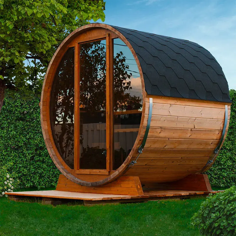 Home Luxury Outdoor Red Cedar Barrel 4 Person Wooden Dry Steam Sauna Room — view 1