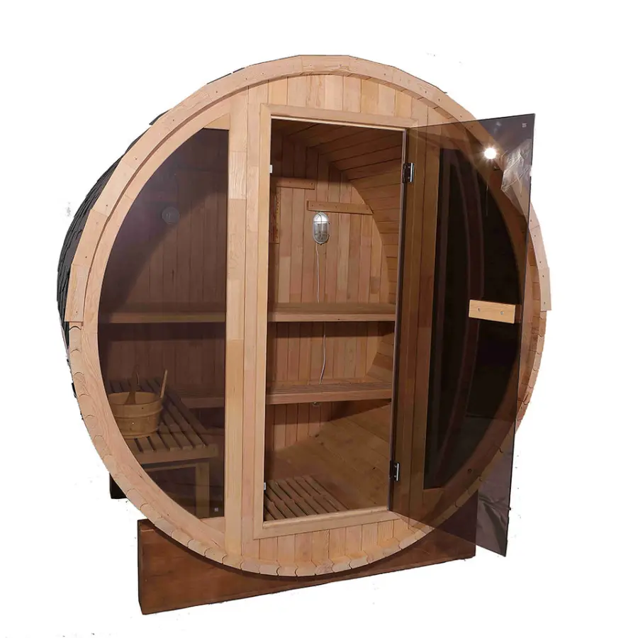 Home Luxury Outdoor Red Cedar Barrel 4 Person Wooden Dry Steam Sauna Room — view 4