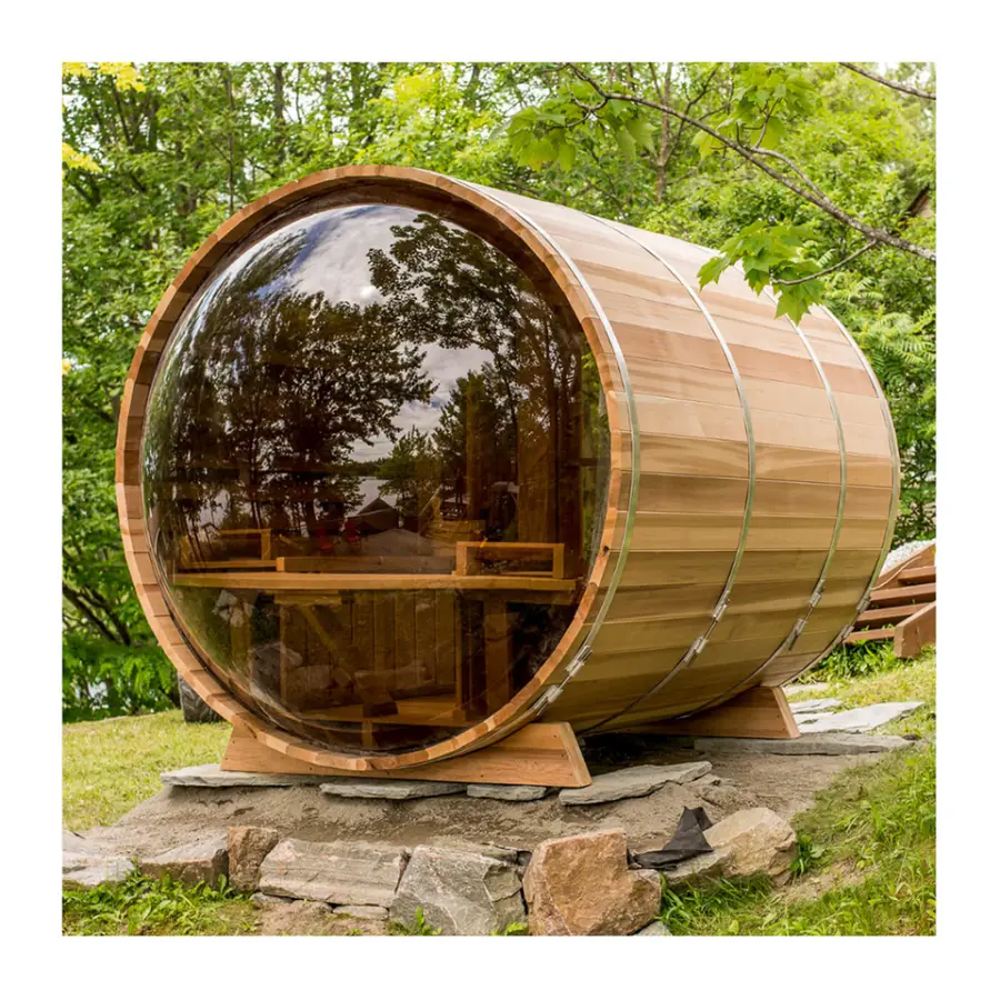 Canadian Red Cedar Traditional Outdoor Big View Barrel Sauna Fashion Panoramic 6 Person Sauna — view 1