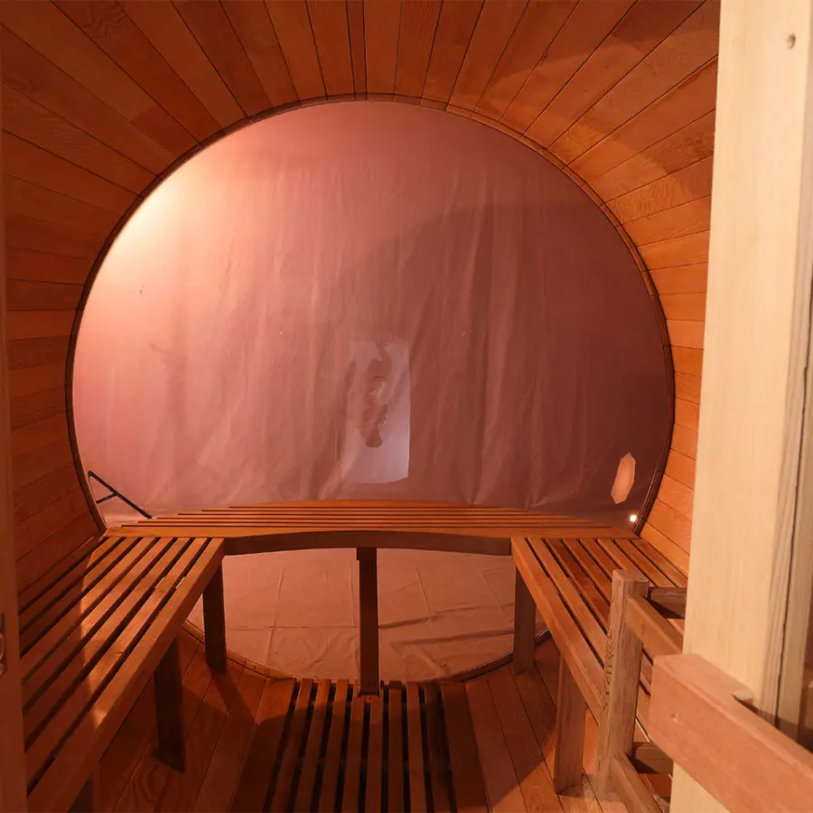 SMARTMAK Hot Selling 6 8 Person Outdoor Traditional Hemlock/Red Cedar Steam Panoramic Barrel Sauna — image 7
