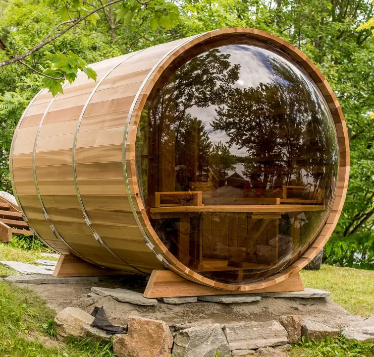 Brown Color Dome Panoramic Windows Solid Wood Outdoor Cedar Barrel Sauna — view 1