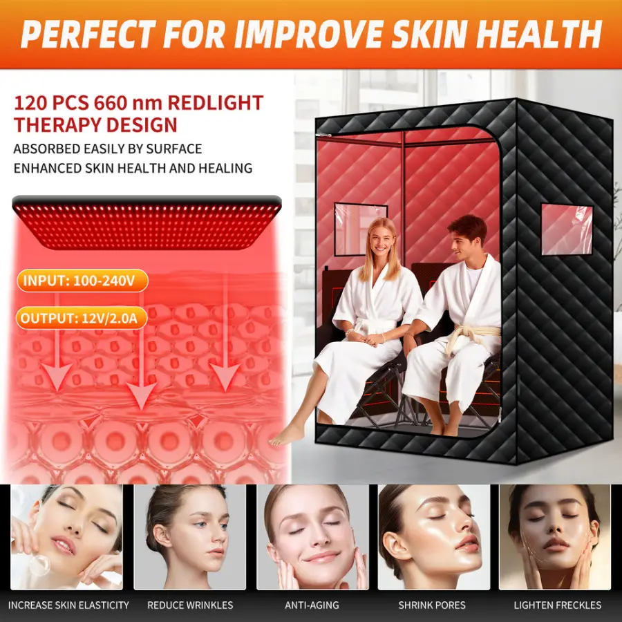 2 People Foldable Standing Sauna Tent Full Body Red Light Far Infrared Sauna for Home Use — image 2