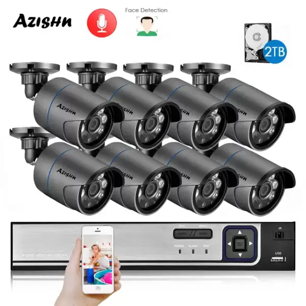 AZISHN H.265+ 8CH 4MP POE Security System NVR Kit 2560*1440 Audio IP Camera Outdoor Face Detect CCTV Video Surveillance NVR Set