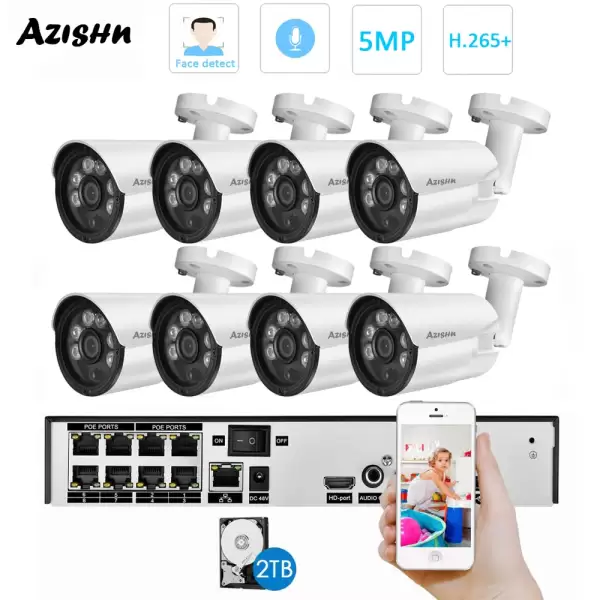 AZISHN Face Detect H.265+ 5MP HD POE NVR Kit CCTV Security System Metal Outdoor Audio IP Camera bullet Video Surveillance Set